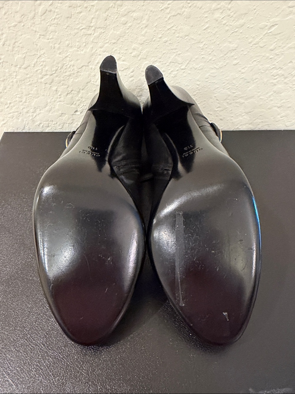 Gucci  NEVER WORN Black Leather High-Heel Ankle Booties - Gold Medallion Accent - Picture 6 of 7